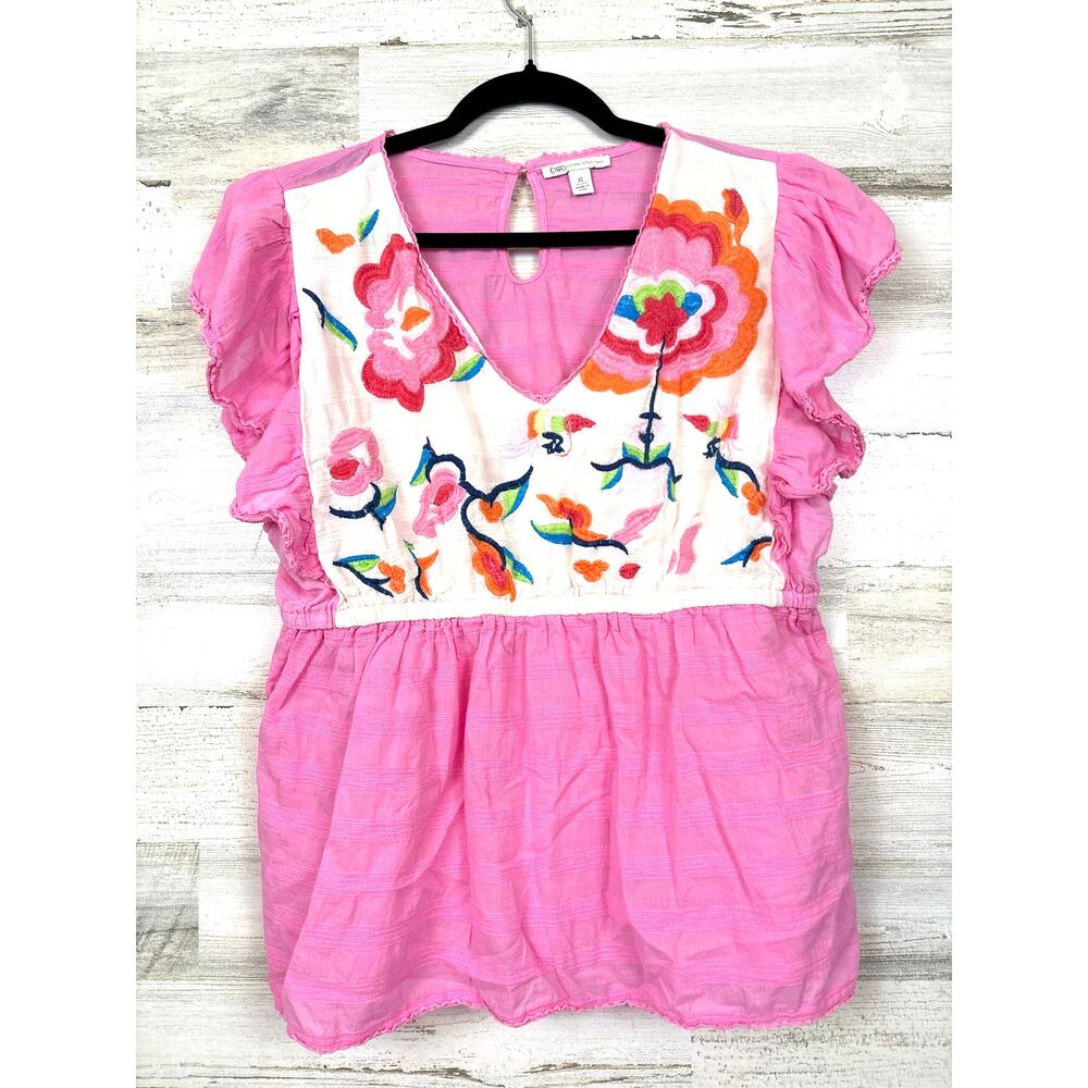Cato Womens XL Pink White Floral Embroidered Sleeveless Cotton Top Boho Chic
